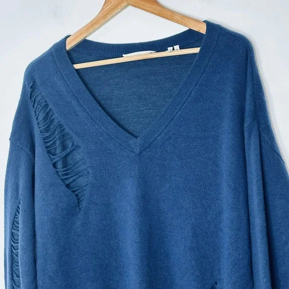 Helmut Lang Cashmere Navy Blue Distressed V Neck Oversized Sweater Womens Medium - Picture 6 of 13